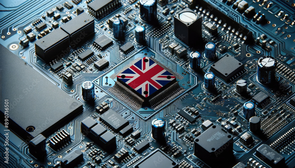 An intricate microchip with the United Kingdom flag embedded, representing the innovation and technological advancements of the United Kingdom in the field of electronics and microtechnology An intricate microchip with the United Kingdom flag embedded, representing the innovation and technological advancements of the United Kingdom in the field of electronics and microtechnology