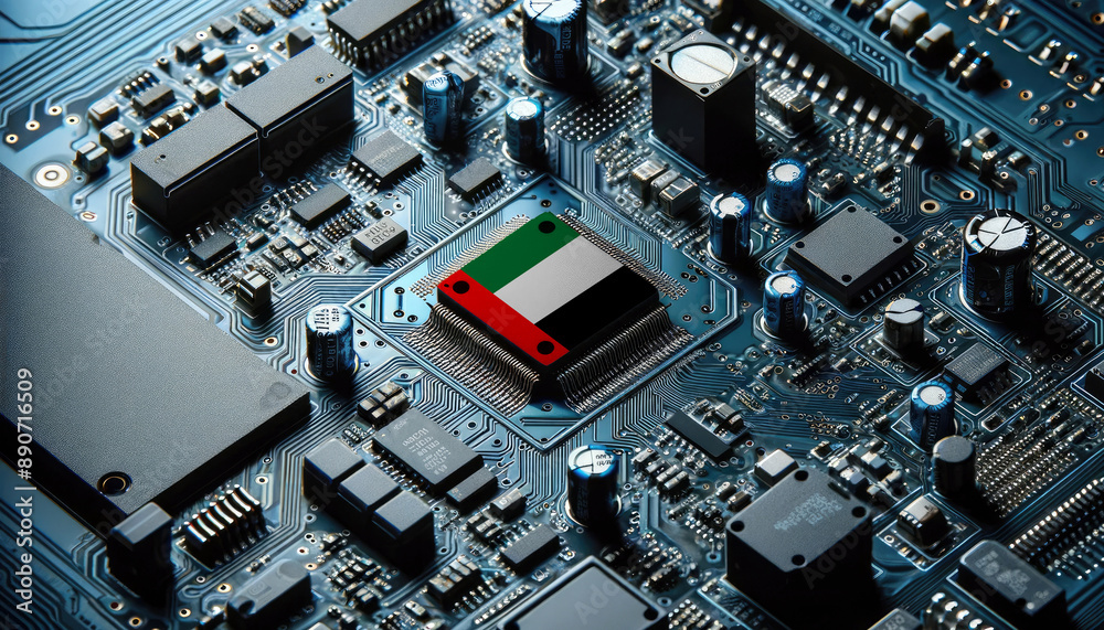 An intricate microchip with the UAE flag embedded, representing the innovation and technological advancements of the United Arab Emirates in the field of electronics and microtechnology An intricate microchip with the UAE flag embedded, representing the innovation and technological advancements of the United Arab Emirates in the field of electronics and microtechnology