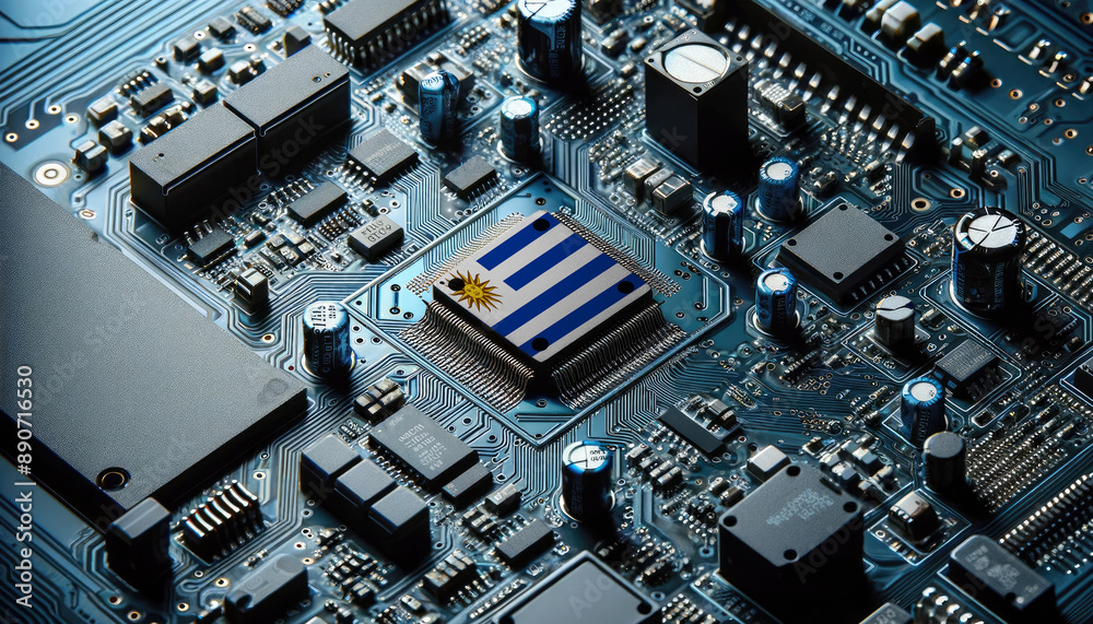 An intricate microchip with the Uruguay flag embedded, representing the innovation and technological advancements of the Uruguay in the field of electronics and microtechnology An intricate microchip with the Uruguay flag embedded, representing the innovation and technological advancements of the Uruguay in the field of electronics and microtechnology