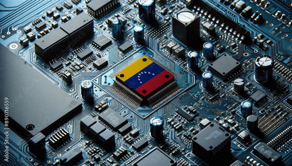 An intricate microchip with the Venezuela flag embedded, representing the innovation and technological advancements of the Venezuela in the field of electronics and microtechnology