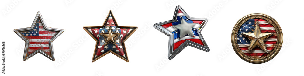 Set of US America flag in star shape isolated on transparent background