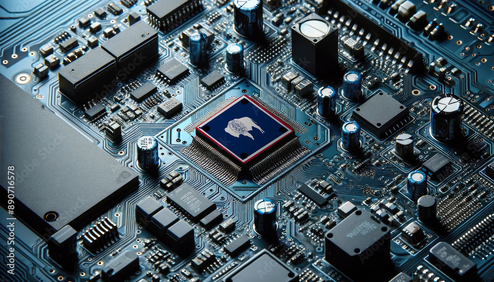 An intricate microchip with the Wyoming flag embedded, representing the innovation and technological advancements of the Wyoming in the field of electronics and microtechnology An intricate microchip with the Wyoming flag embedded, representing the innovation and technological advancements of the Wyoming in the field of electronics and microtechnology