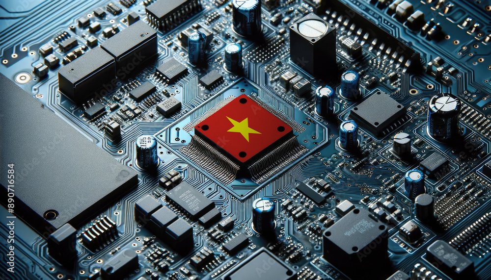An intricate microchip with the Vietnam flag embedded, representing the innovation and technological advancements of the Vietnam in the field of electronics and microtechnology An intricate microchip with the Vietnam flag embedded, representing the innovation and technological advancements of the Vietnam in the field of electronics and microtechnology