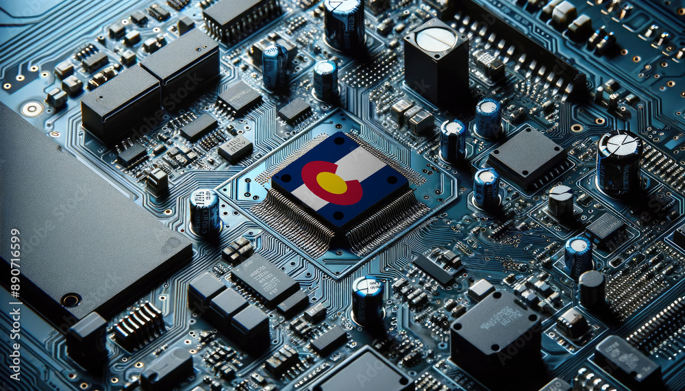 An intricate microchip with the Colorado flag embedded, representing the innovation and technological advancements of the Colorado in the field of electronics and microtechnology An intricate microchip with the Colorado flag embedded, representing the innovation and technological advancements of the Colorado in the field of electronics and microtechnology