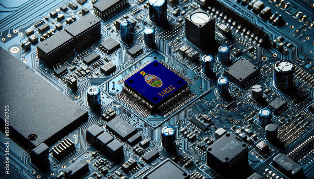 An intricate microchip with the Kansas flag embedded, representing the innovation and technological advancements of the Kansas in the field of electronics and microtechnology