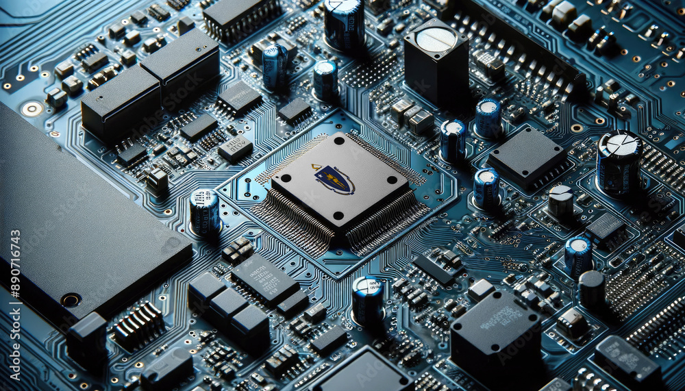 An intricate microchip with the Massachusetts flag embedded, representing the innovation and technological advancements of the Massachusetts in the field of electronics and microtechnology