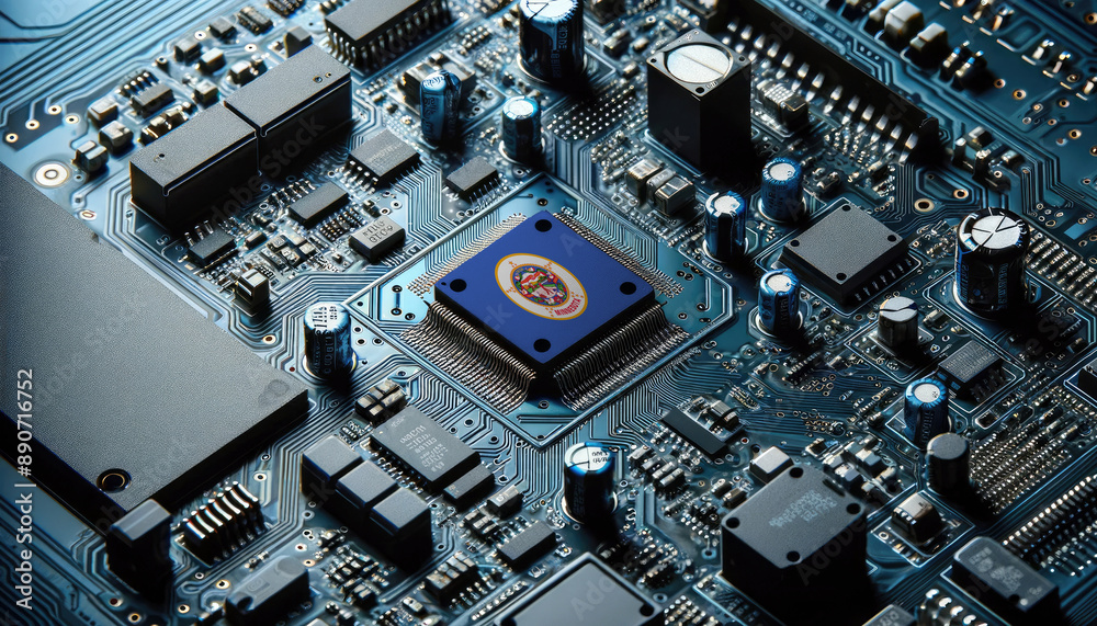 An intricate microchip with the Minnesota flag embedded, representing the innovation and technological advancements of the Minnesota in the field of electronics and microtechnology