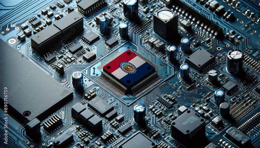 An intricate microchip with the Missouri flag embedded, representing the innovation and technological advancements of the Missouri in the field of electronics and microtechnology