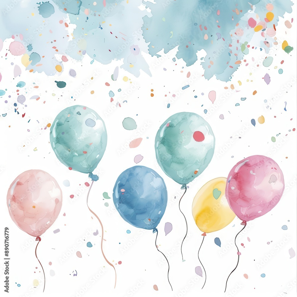 whimsical birthday celebration floating balloons and confetti in pastel colors handdrawn party elements watercolor texture joyful typography