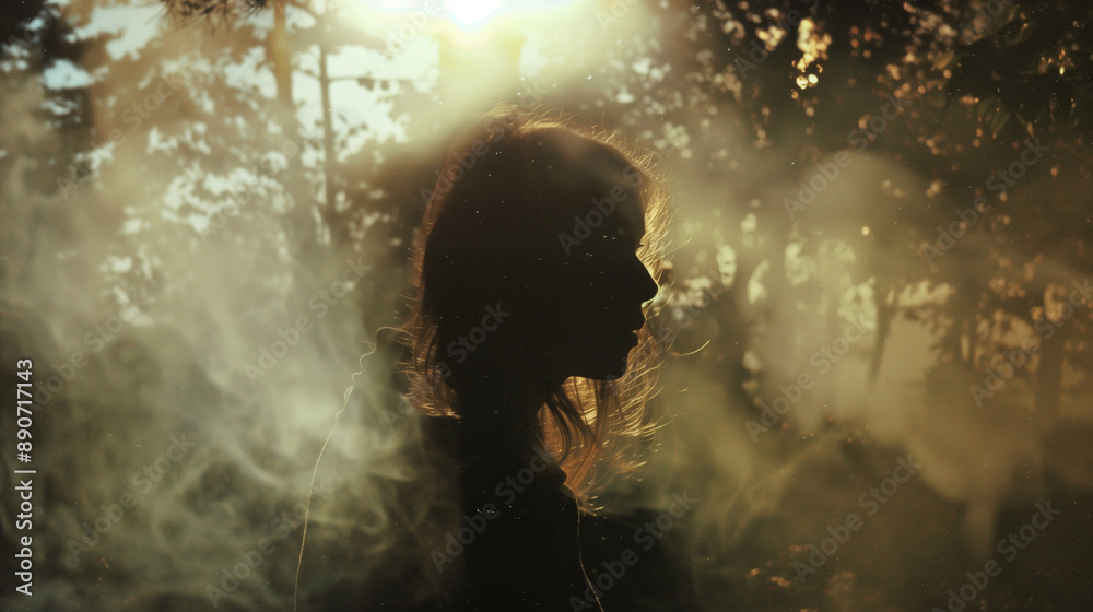 Silhouette of a woman in a misty, backlit forest.
Silhouette of a woman in a misty, backlit forest.
