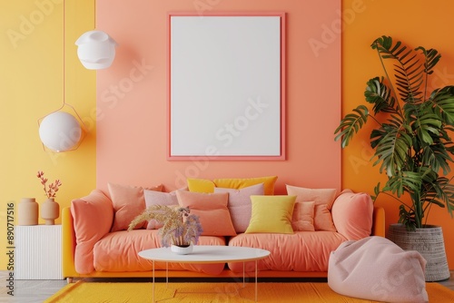 An interior bursting with vibrant colors, featuring a bold pink sofa, colorful walls, and lush green plants for a lively atmosphere.