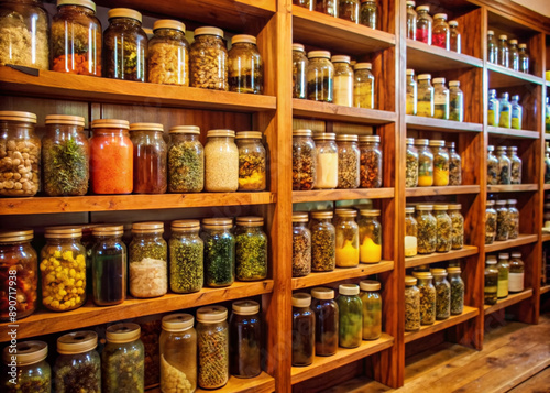 Cozy retirement home shelves display a colorful array of hand-labeled herbal tea jars, each containing a unique blend of herbs for joy and relaxation.