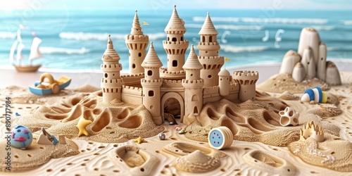 A detailed sandcastle on a sandy beach with miniature accessories and a sailboat in the background on a sunny day. photo