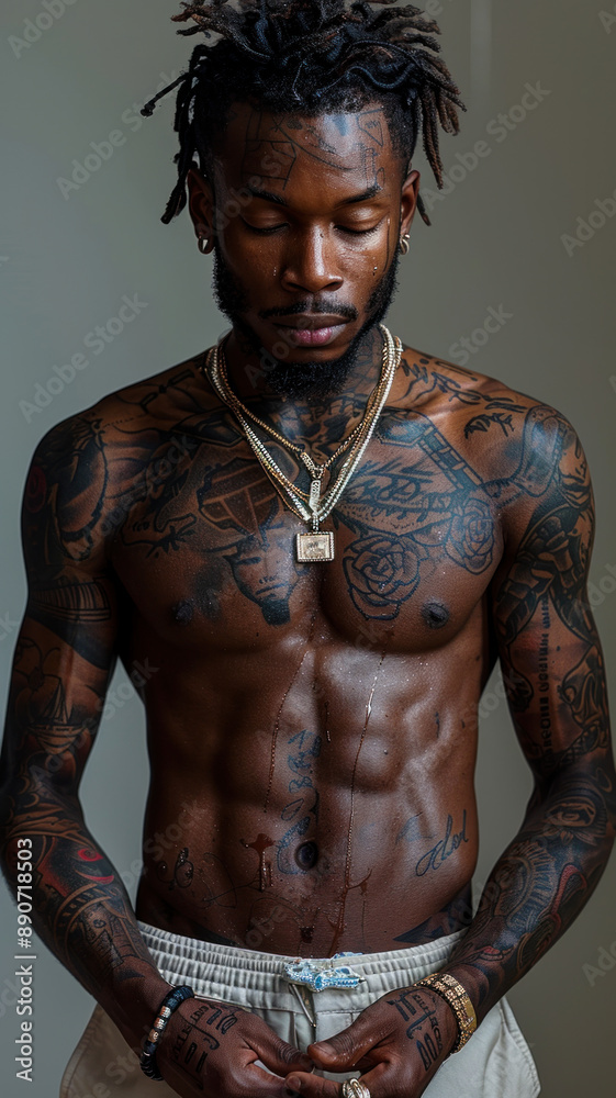 Portrait of a serious tattooed man with necklaces