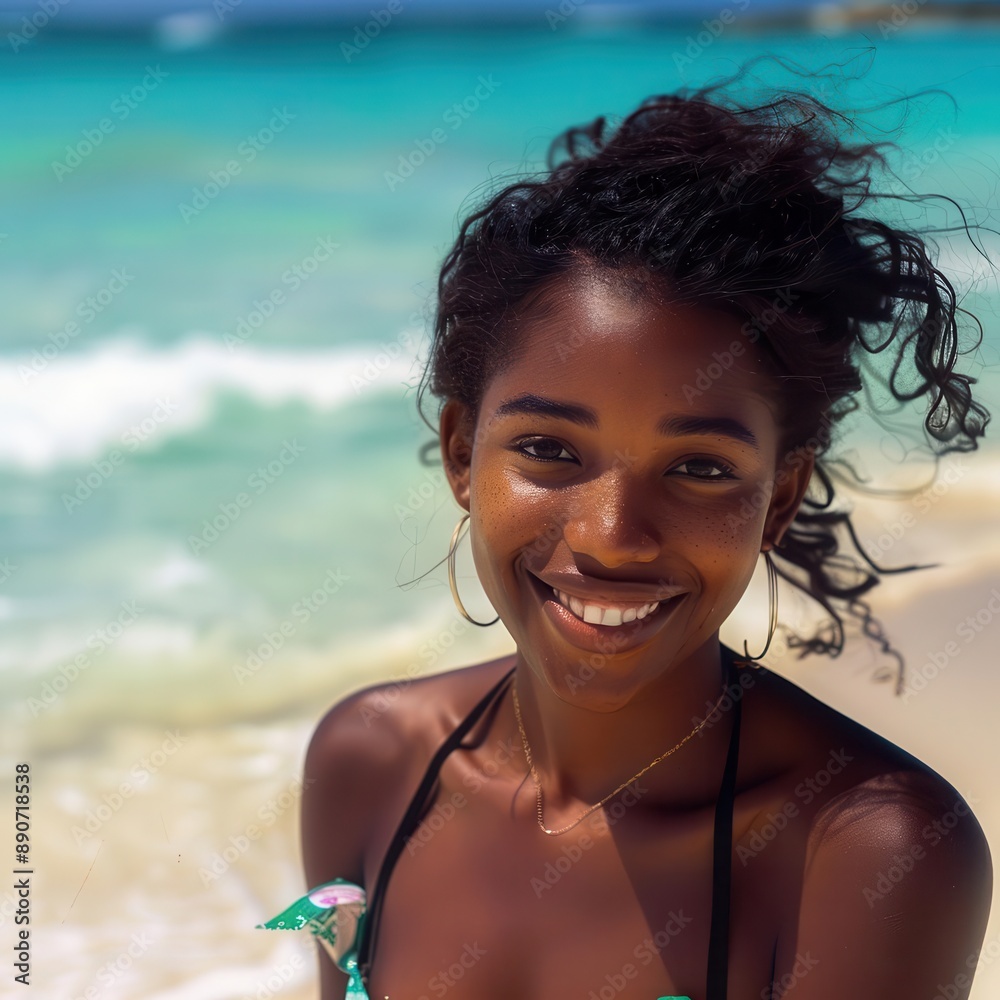 young african woman with radiant smile posing on a sundrenched beach turquoise waters and golden sand create a vibrant backdrop capturing the joy and freedom of a tropical vacation young african woman with radiant smile posing on a sundrenched beach turquoise waters and golden sand create a vibrant backdrop capturing the joy and freedom of a tropical vacation