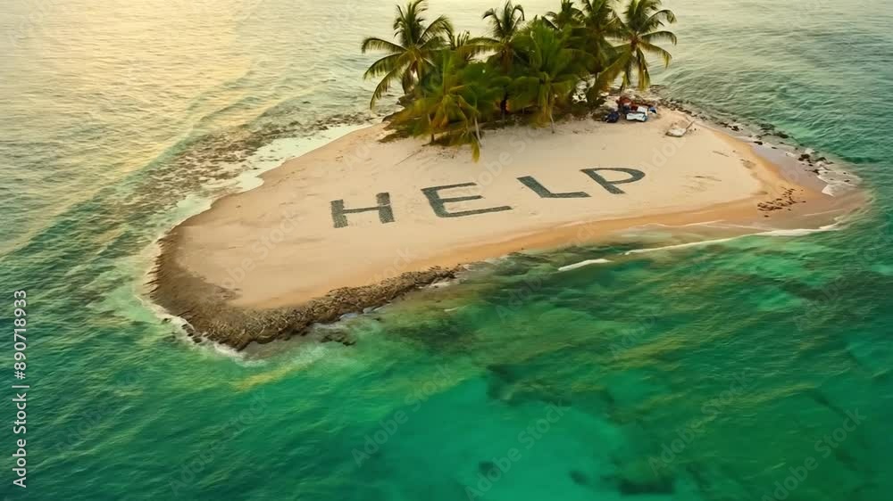 From a bird's eye view you can see a deserted island on which a large inscription asking for help is carved among the palm trees.