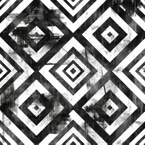 aquarela étnica losango tribal ornamento grunge padrão sem emenda. Abstrato preto e branco asteca textura geométrica fundo photo