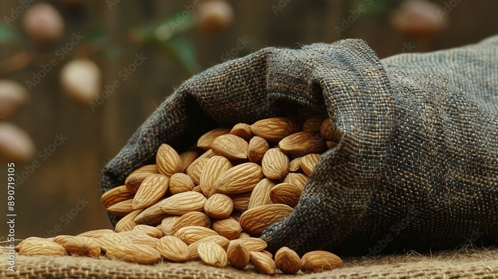 A bag of almonds sits atop a burlock of burlock A bag of almonds sits atop a burlock of burlock