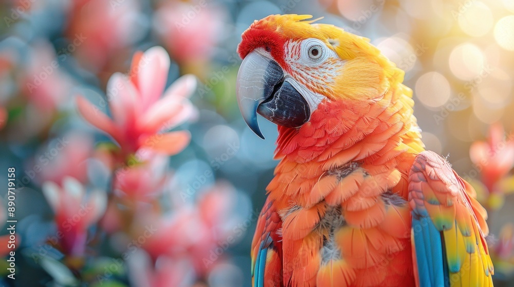 Obraz premium Vibrant Parrot Perched on Blue: 3D Rendered Portrait