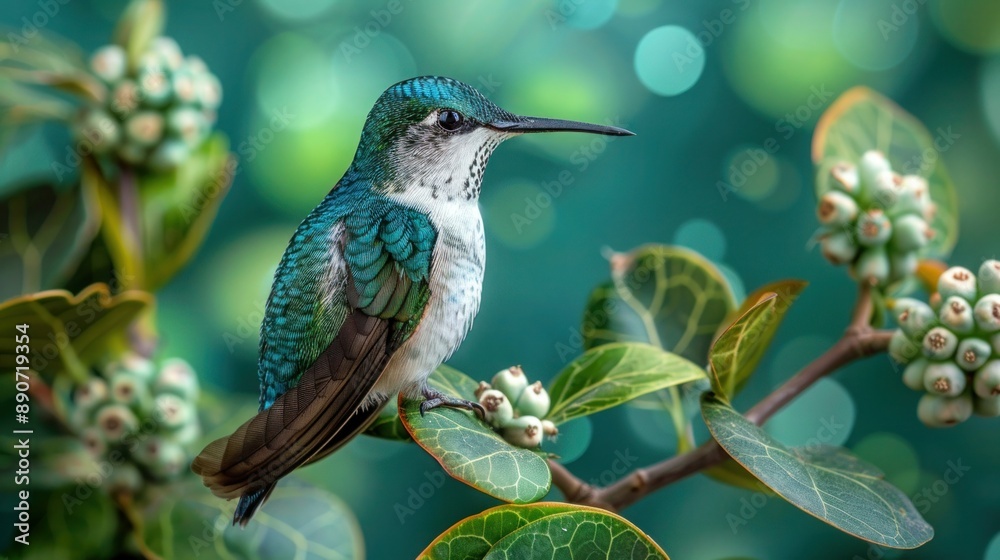 Fototapeta premium White-Necked Jacobin Hummingbird - Florisuga Mellivora: Medium-Sized Bird Native to Mexico, Central & Northern South America