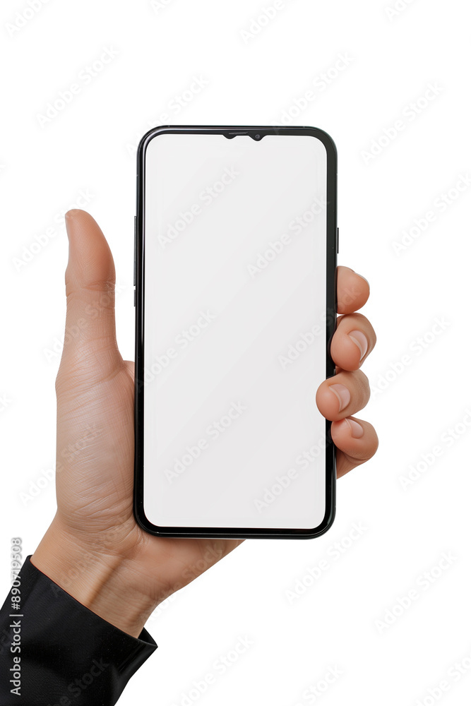 Close-up shot of a hand holding a modern black smartphone with a mockup of a blank screen. The isolated white background makes it perfect for showcasing mobile app designs or website layouts. Close-up shot of a hand holding a modern black smartphone with a mockup of a blank screen. The isolated white background makes it perfect for showcasing mobile app designs or website layouts.