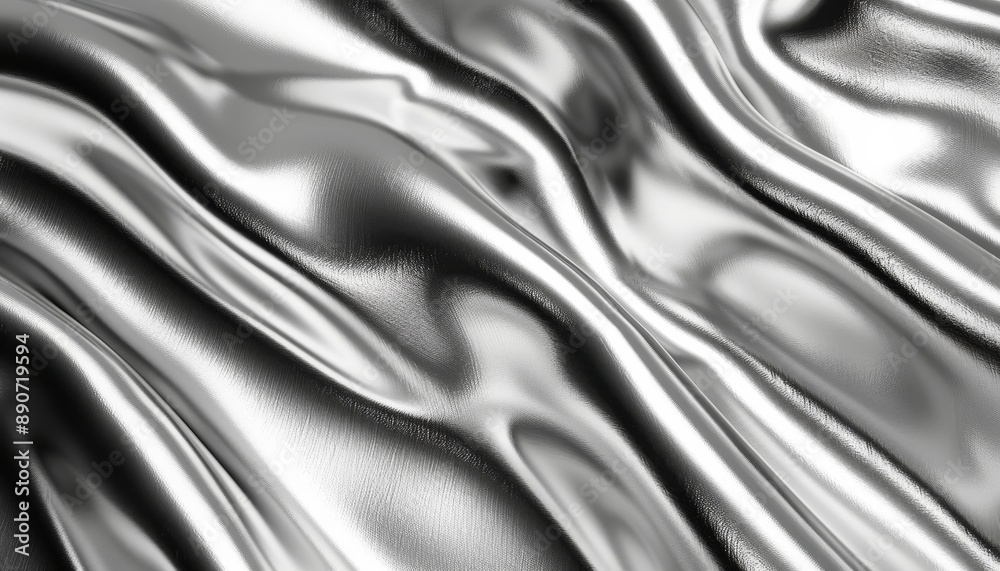 Abstract Background, Smooth Silver Cloth Simulation, Metallic Silk Texture With Wavy Folds And Bends Abstract Background, Smooth Silver Cloth Simulation, Metallic Silk Texture With Wavy Folds And Bends