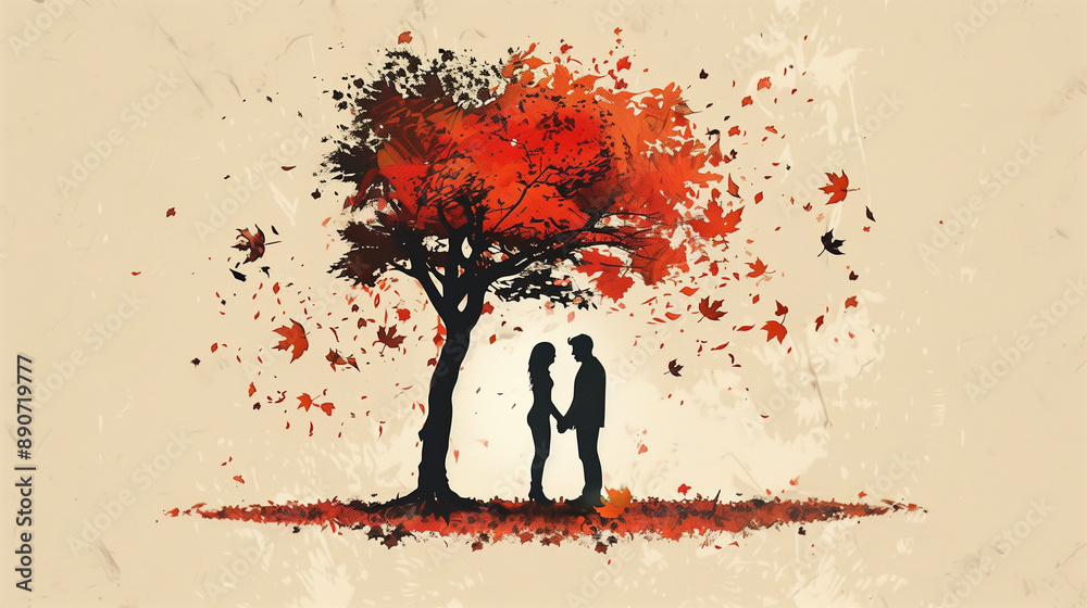 Red autumn tree silhouette with couple embracing under falling leaves ...