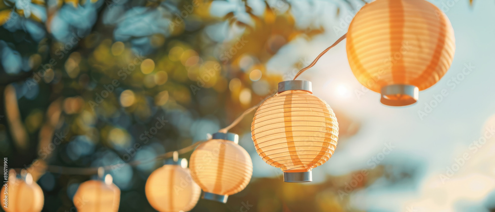 Obraz premium Beautiful string of glowing lanterns hanging outdoors, creating a warm and inviting atmosphere during a sunset.