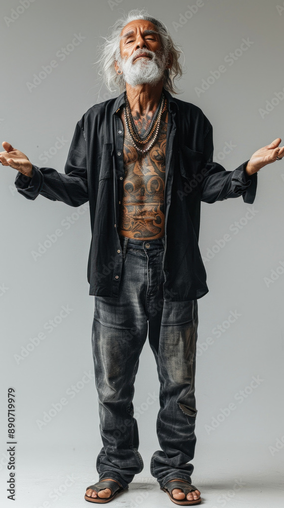 Elderly man with long beard and tattoos wearing white shirt Elderly man with long beard and tattoos wearing white shirt