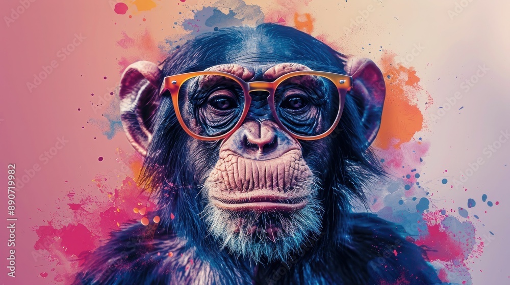 Funky Monkey in Colorful Eyeglasses with Paint Splatters on White Background Funky Monkey in Colorful Eyeglasses with Paint Splatters on White Background