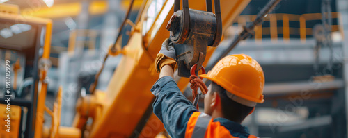 A construction worker operates heavy equipment with safety gear, showcasing precision and teamwork in an industrial environment.