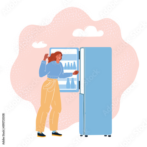 Cartoon vector illustration of woman open Fridge
