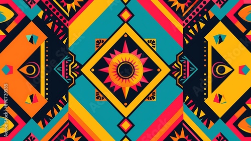 A dynamic geometric pattern celebrating Hispanic heritage with bold colors