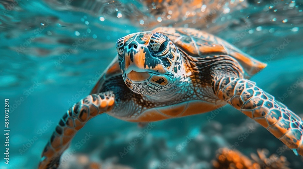 Fototapeta premium Graceful sea turtle swimming in clear blue water.