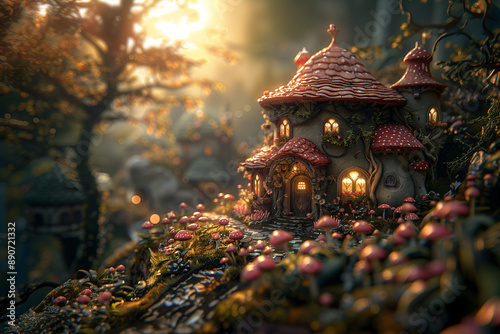 Fairytale village diorama with adorable houses with tiled roofs. Fantasy magical forest with fairy village. Miniature 3D diorama wallpaper background. photo