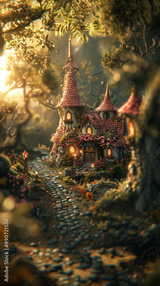 Fototapeta premium Fairytale village diorama with adorable houses with tiled roofs. Fantasy magical forest with fairy village. Miniature 3D diorama wallpaper background.