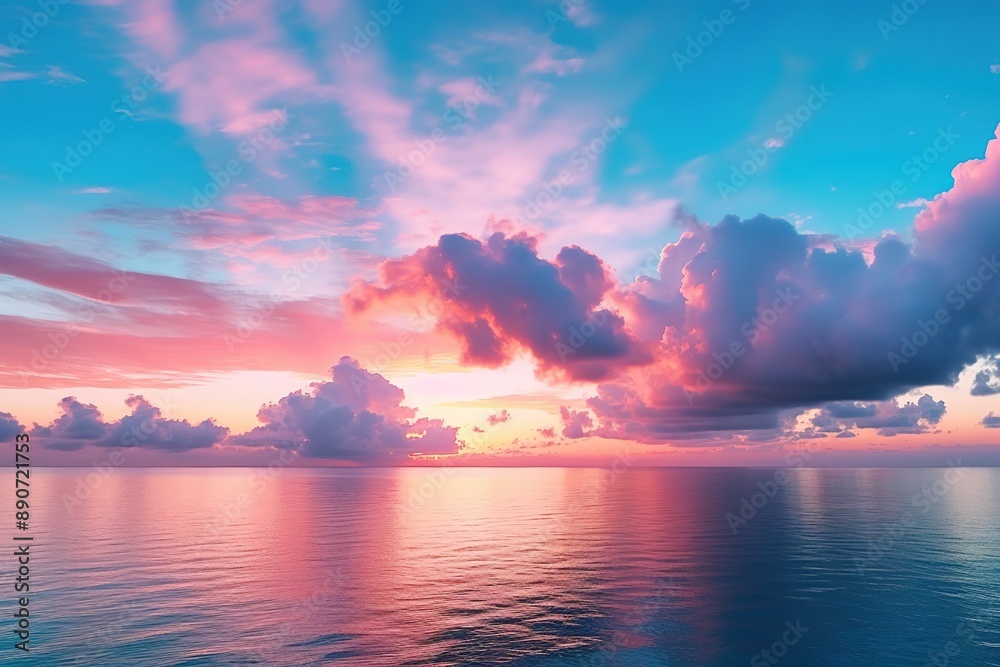 Dramatic pink and blue sunset above the water of the ocean. Dramatic pink and blue sunset above the water of the ocean.