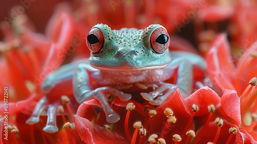 Colorful Flying Frog Perched on Vibrant Red Flower: Closeup of Beautiful Tree Frog in Nature photo