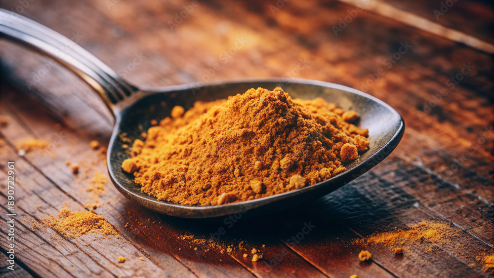 A solitary spoon rests on a rustic wooden table, holding a small mound of vibrant yellow spice, surrounded by warm earthy tones and soft natural light. A solitary spoon rests on a rustic wooden table, holding a small mound of vibrant yellow spice, surrounded by warm earthy tones and soft natural light.