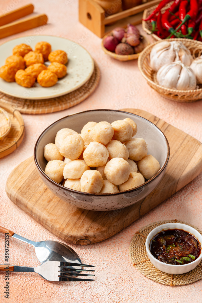 Bakso Ayam, Raw Indonesian Chicken Meatball in a bowl Bakso Ayam, Raw Indonesian Chicken Meatball in a bowl