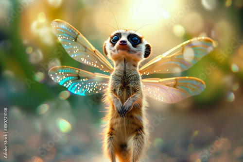 An adorable meerkat hybrid with dragonfly wings. Magical creature with fur and iridescent wings. photo