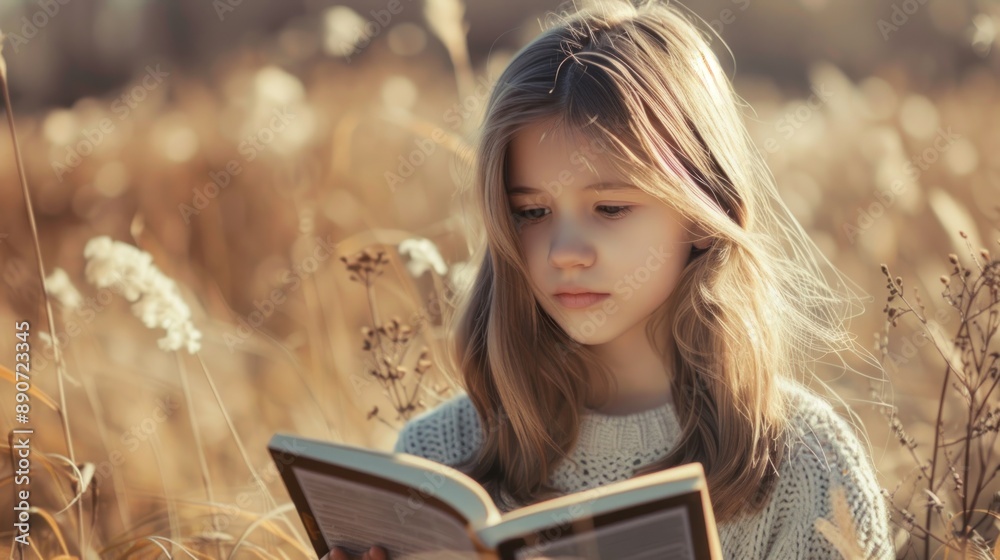 Fototapeta premium Young girl reading in a field