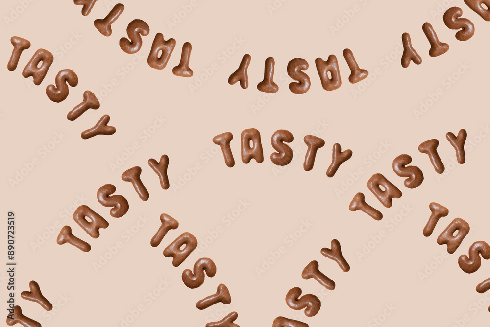 Sweet composition with the word Tasty on a beige background. Alphabet biscuits on a pastel background Sweet composition with the word Tasty on a beige background. Alphabet biscuits on a pastel background