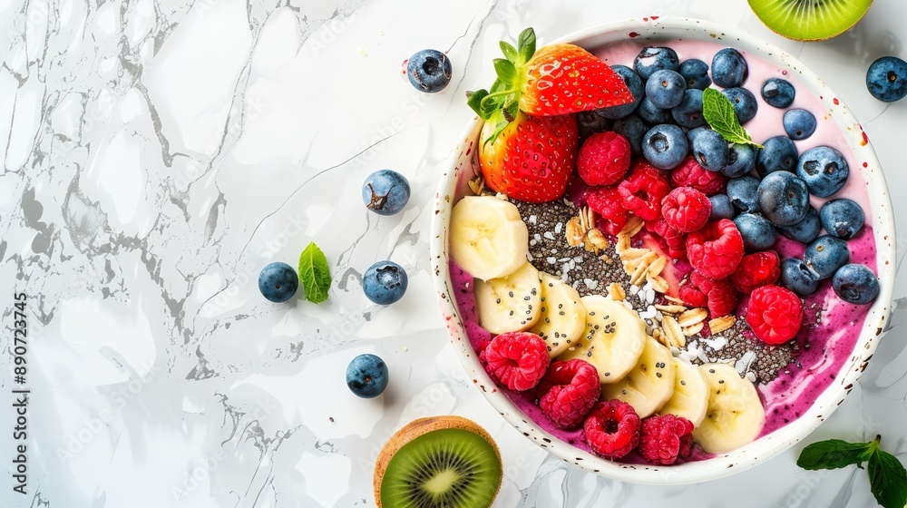 On a Marble Background, a Vibrant Smoothie Bowl with Fresh Fruit Toppings. On a Marble Background, a Vibrant Smoothie Bowl with Fresh Fruit Toppings.
