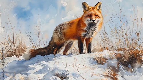  A watercolor painting of a curious fox exploring a snow-covered landscape, with the fox's bright red fur contrasting against the white snow. photo