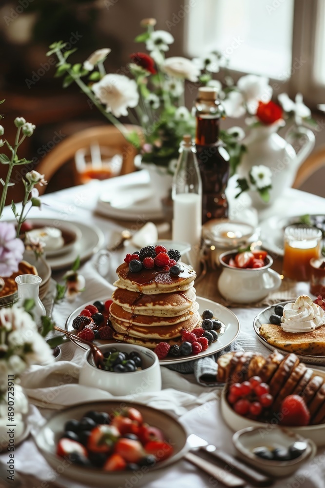 Morning Indulgence, High Angle View of Sumptuous Gourmet Breakfast with Fluffy Pancakes, Fresh Berries, and Luscious Syrup Drizzle. Morning Indulgence, High Angle View of Sumptuous Gourmet Breakfast with Fluffy Pancakes, Fresh Berries, and Luscious Syrup Drizzle.