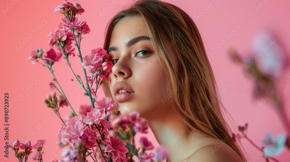 Naklejka premium Portrait of a Woman with Pink Flowers