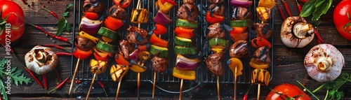 Sizzling Vegetable Skewers on BBQ Grill with Fresh Ingredients, High Angle View of Colorful Veggie BBQ Skewers Cooking Outdoors.
