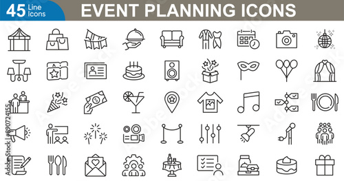 Event planning icons set vector illustration. decoration, schedule, budget, venue, guest, invite, speaker, photography and more. 