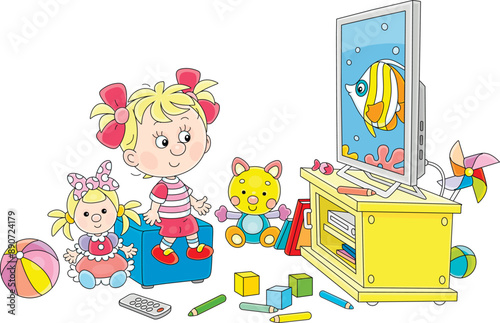 Happy little girl among her scattered toys watching TV with an animated cartoon film about a funny butterfly fish swimming on a  tropical coral reef, black and white vector illustration